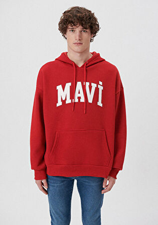 Mavi Logo Baskılı Kapüşonlu Kırmızı Sweatshirt 067149-86417