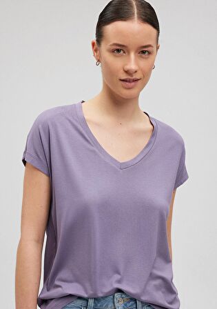 Mavi V Yaka Mor Basic Tişört 167714-70608
