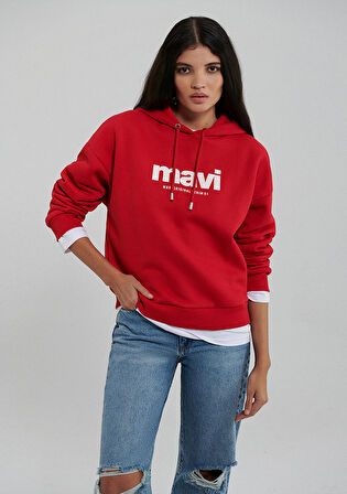 Mavi Logo Baskılı Kapüşonlu Kırmızı Sweatshirt 168334-35476