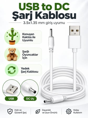 Universal Oyuncak Şarj Kablosu USB to DC 3.5×1.35 mm – Konuşan Kaktüs ve Şarjlı Oyuncaklarla Uyumlu