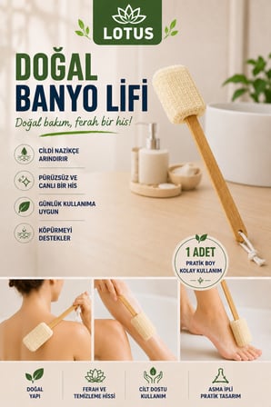 Lotus Banyo Lifi Uzun Saplı Süngerli Sırt Fırçası Duş ve Banyo Kesesi Vücut Temizleme Lifi