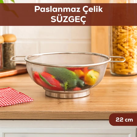Porsima İvory Kulplu Paslanmaz Çelik Süzgeç Mutfak Eleği Meyve ve Sebze Yıkama Aparatı Kevgir 22cm