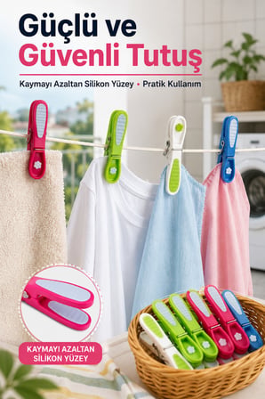 Silikonlu Çamaşır Mandalı 12’li Kaydırmaz Yüzeyli Güçlü Tutuş Renkli Mandal Seti
