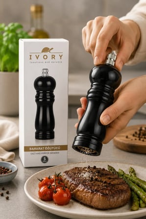 IVORY Baharat Öğütücü Tuz Karabiber Değirmeni Siyah Renk Premium Mutfak Öğütücü