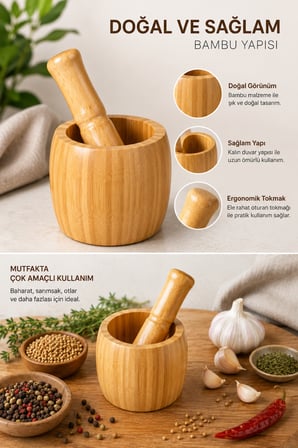 Bambu Havan ve Tokmak Seti – Ahşap Baharat Sarımsak ve Ot Ezici Mutfak Havanı
