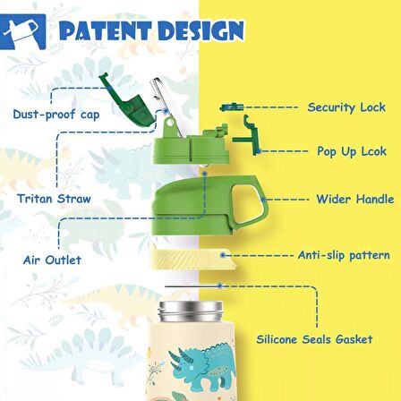 Vagonlife Çelik Pipetli Çocuk Termos Matara 350Ml Sarı Dinozor
