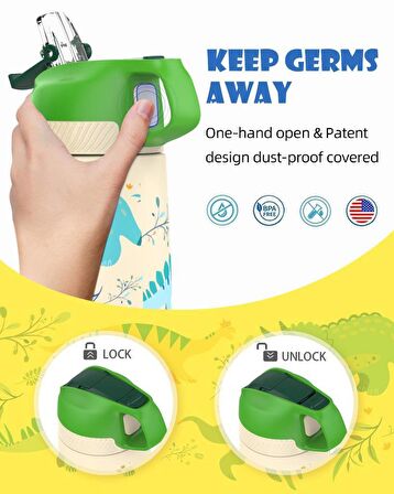 Vagonlife Çelik Pipetli Çocuk Termos Matara 350Ml Sarı Dinozor