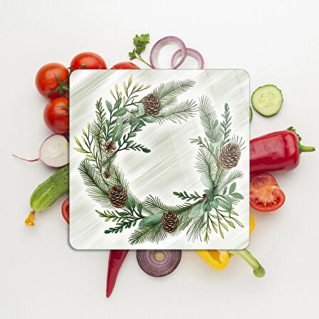 Decovetro Cam Kesme Tahtası ve Sunumluk Kare Noel Yılbaşı Çelenk Desenli 30 x 30 cm