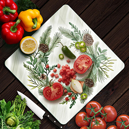 Decovetro Cam Kesme Tahtası ve Sunumluk Kare Noel Yılbaşı Çelenk Desenli 30 x 30 cm