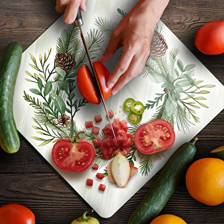 Decovetro Cam Kesme Tahtası ve Sunumluk Kare Noel Yılbaşı Çelenk Desenli 30 x 30 cm