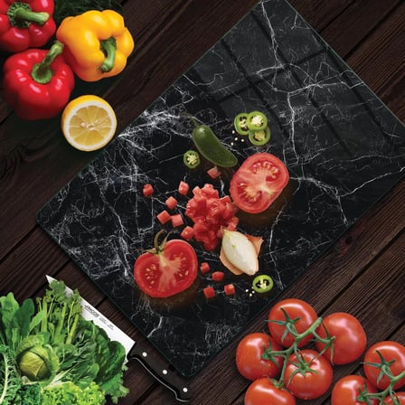 Decovetro Cam Kesme Tahtası ve Sunumluk Siyah Beyaz Mermer Desenli 25 x 35 Cm