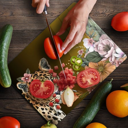 Decovetro Cam Kesme Tahtası ve Sunumluk Tropik Leopar Desenli 20 x 30 cm