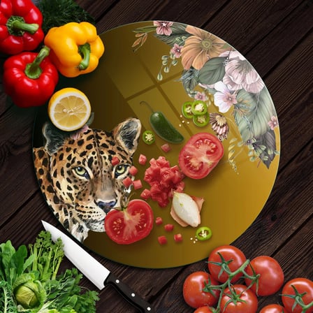Decovetro Cam Kesme Tahtası ve Sunumluk Yuvarlak Tropik Leopar Desenli 30 x 30 cm