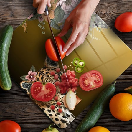Decovetro Cam Kesme Tahtası ve Sunumluk Kare Tropik Leopar Desenli 30 x 30 cm
