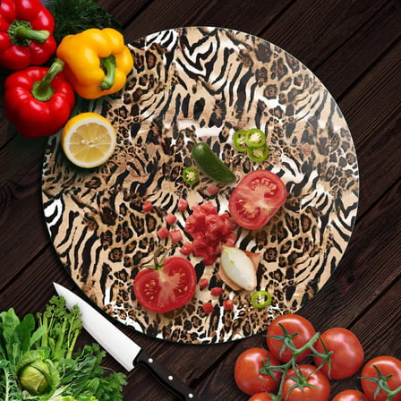 Decovetro Cam Kesme Tahtası ve Sunumluk Yuvarlak Leopar Desenli 30 x 30 cm