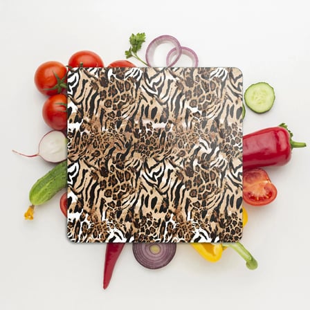Decovetro Cam Kesme Tahtası ve Sunumluk Kare Leopar Desenli 30 x 30 cm