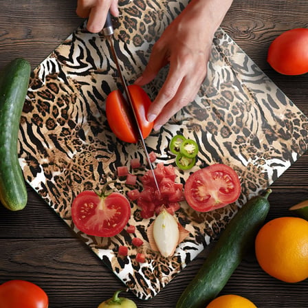 Decovetro Cam Kesme Tahtası ve Sunumluk Kare Leopar Desenli 30 x 30 cm