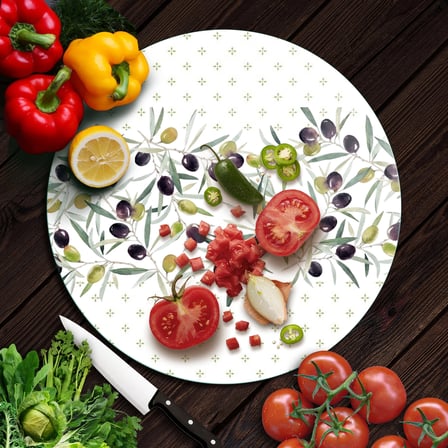 Decovetro Cam Kesme Tahtası ve Sunumluk Yuvarlak Zeytin Desenli 30 x 30 cm