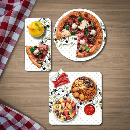 Decovetro Cam Sunum Servis Tabağı 3'lü Karma Set Zeytin Desenli