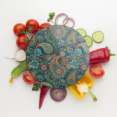 Decovetro Cam Kesme Tahtası ve Sunumluk Yuvarlak Şal Desenli 30 x 30 cm
