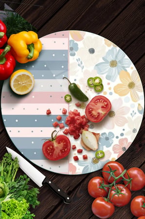 Decovetro Cam Kesme Tahtası ve Sunumluk Yuvarlak Flower & Stripes Desenli 30 x 30 cm