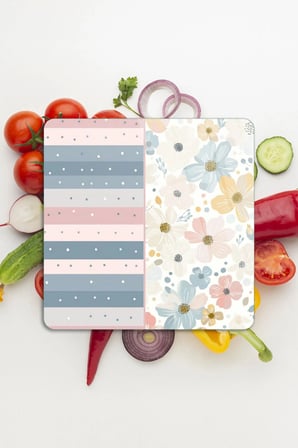 Decovetro Cam Kesme Tahtası ve Sunumluk Kare Flower & Stripes Desenli 30 x 30 cm
