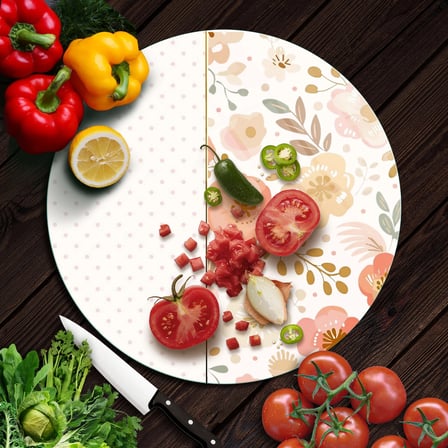 Decovetro Cam Kesme Tahtası ve Sunumluk Yuvarlak Flower & Points Desenli 30 x 30 cm
