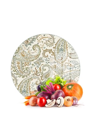 Decovetro Cam Kesme Tahtası ve Sunumluk Yuvarlak Şal Desenli 30 x 30 cm