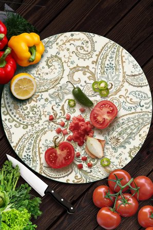 Decovetro Cam Kesme Tahtası ve Sunumluk Yuvarlak Şal Desenli 30 x 30 cm