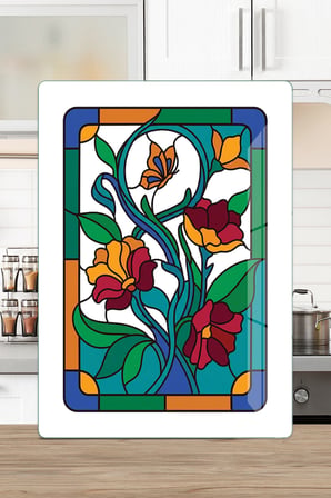 Vitray Çiçek Kelebek Desenli Cam Kesme Tahtası ve Sunumluk 25 x 35 cm