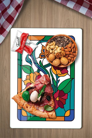 Vitray Çiçek Kelebek Desenli Cam Kesme Tahtası ve Sunumluk 25 x 35 cm