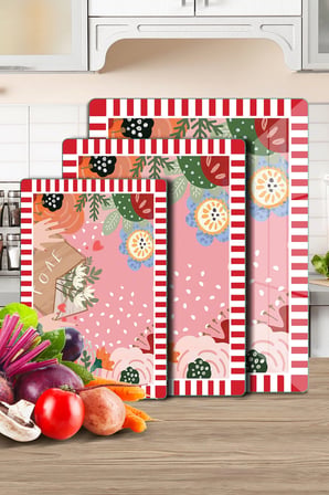 3'lü Cam Kesme Tahtası ve Sunumluk Karışık Renkli Love Desenli 20 x 30, 25 x 35 ve 30 x 40 cm