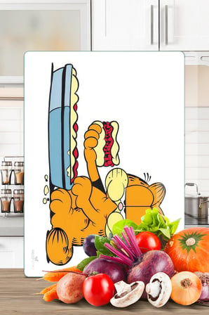 Garfield Lazanya Desenli Cam Kesme Tahtası ve Sunumluk 25 x 35 cm