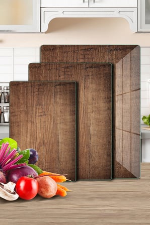 3'lü Cam Kesme Tahtası ve Sunumluk Eski Ahşap Desenli 20 x 30, 25 x 35 ve 30 x 40 Cm