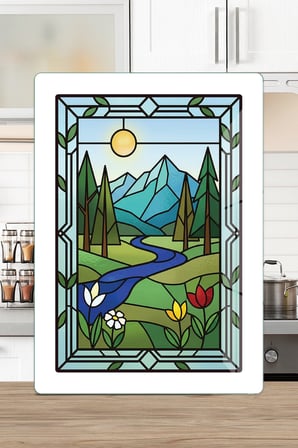 Vitray Doğa Manzara Desenli Cam Kesme Tahtası ve Sunumluk 25 x 35 cm