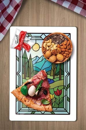 Vitray Doğa Manzara Desenli Cam Kesme Tahtası ve Sunumluk 25 x 35 cm
