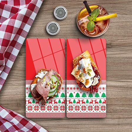 Decovetro Cam Kahve Sofra Sunum Tablası 2'li Set Kırmızı Ekose Dokuma Desenli 30 x 15 cm