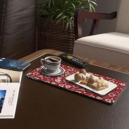 Decovetro Cam Kahve Sofra Sunum Tablası 2'li Set Kırmızı Karışık Desenli 30 x 15 cm