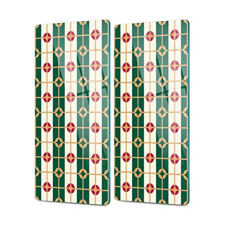 Decovetro Cam Kahve Sofra Sunum Tablası 2'li Set Yeşil Beyaz Geometrik Desenli 30 x 15 cm