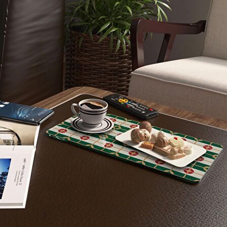 Decovetro Cam Kahve Sofra Sunum Tablası 2'li Set Yeşil Beyaz Geometrik Desenli 30 x 15 cm