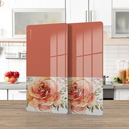 Decovetro Cam Kahve Sofra Sunum Tablası 2'li Set Vintage Turuncu Gül 30 x 15 cm