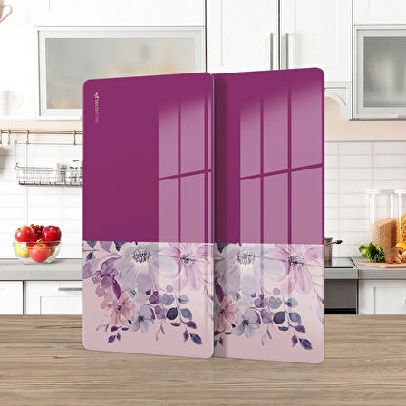 Decovetro Cam Kahve Sofra Sunum Tablası 2'li Set Vintage Mor Çiçekler 30 x 15 cm