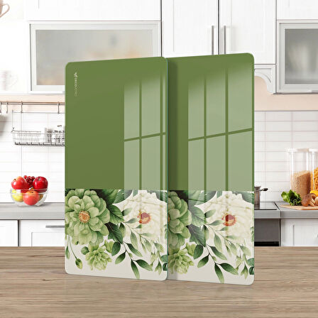 Decovetro Cam Kahve Sofra Sunum Tablası 2'li Set Vintage Yeşil Çiçekler 30 x 15 cm