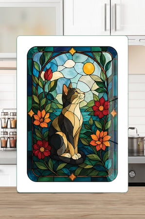 Vitray Kedi Doğa Manzara Desenli Cam Kesme Tahtası ve Sunumluk 25 x 35 cm