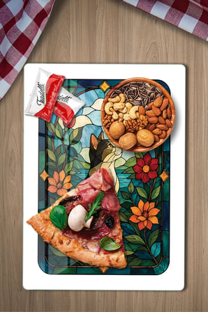 Vitray Kedi Doğa Manzara Desenli Cam Kesme Tahtası ve Sunumluk 25 x 35 cm
