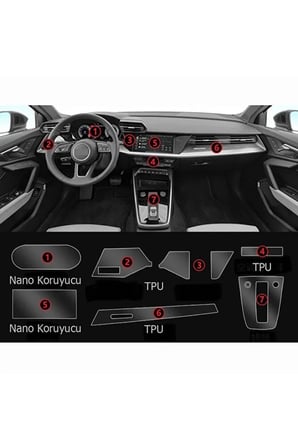 Audi A3 Navigasyon Dijital Gösterge Nano ve piano black uyumlu Tpu Koruyucu 7 li set 2021 2023