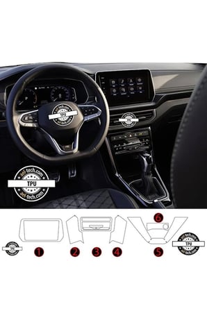 Volkswagen T-Cross Uyumlu Vites Etrafı ve Ön Göğüs Piano Black 6’lı Set TPU Koruyucu 2024-2025
