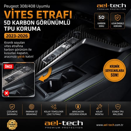 Peugeot 308/408 Uyumlu Vites Etrafı 5D Karbon Görünümlü TPU Koruma 2023-2026