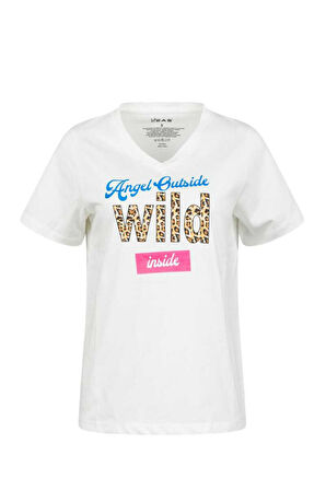 2AS ALONE BASKILI V YAKA KADIN T-SHİRT 410