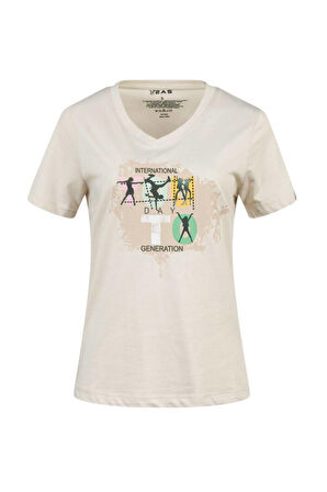 2AS ALONE BASKILI V YAKA KADIN T-SHİRT 403